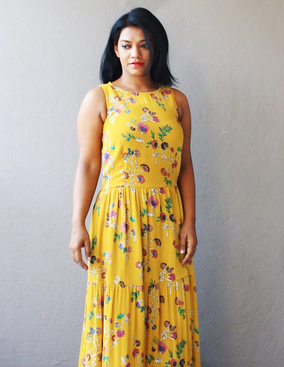 Mustard Floral Printed Tiered Maxi Dress