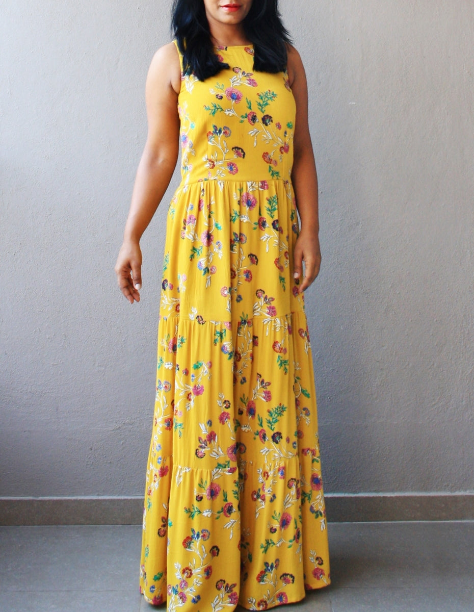 Mustard Floral Printed Tiered Maxi Dress