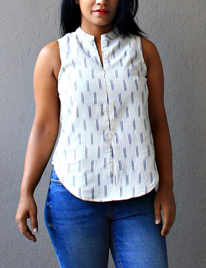 Off White Ikat Cotton Nehru Collar Top