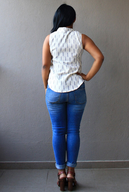 Off White Ikat Cotton Nehru Collar Top