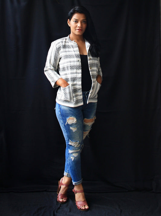 Off White Aztec Pattern Mandarin Collar Jacket