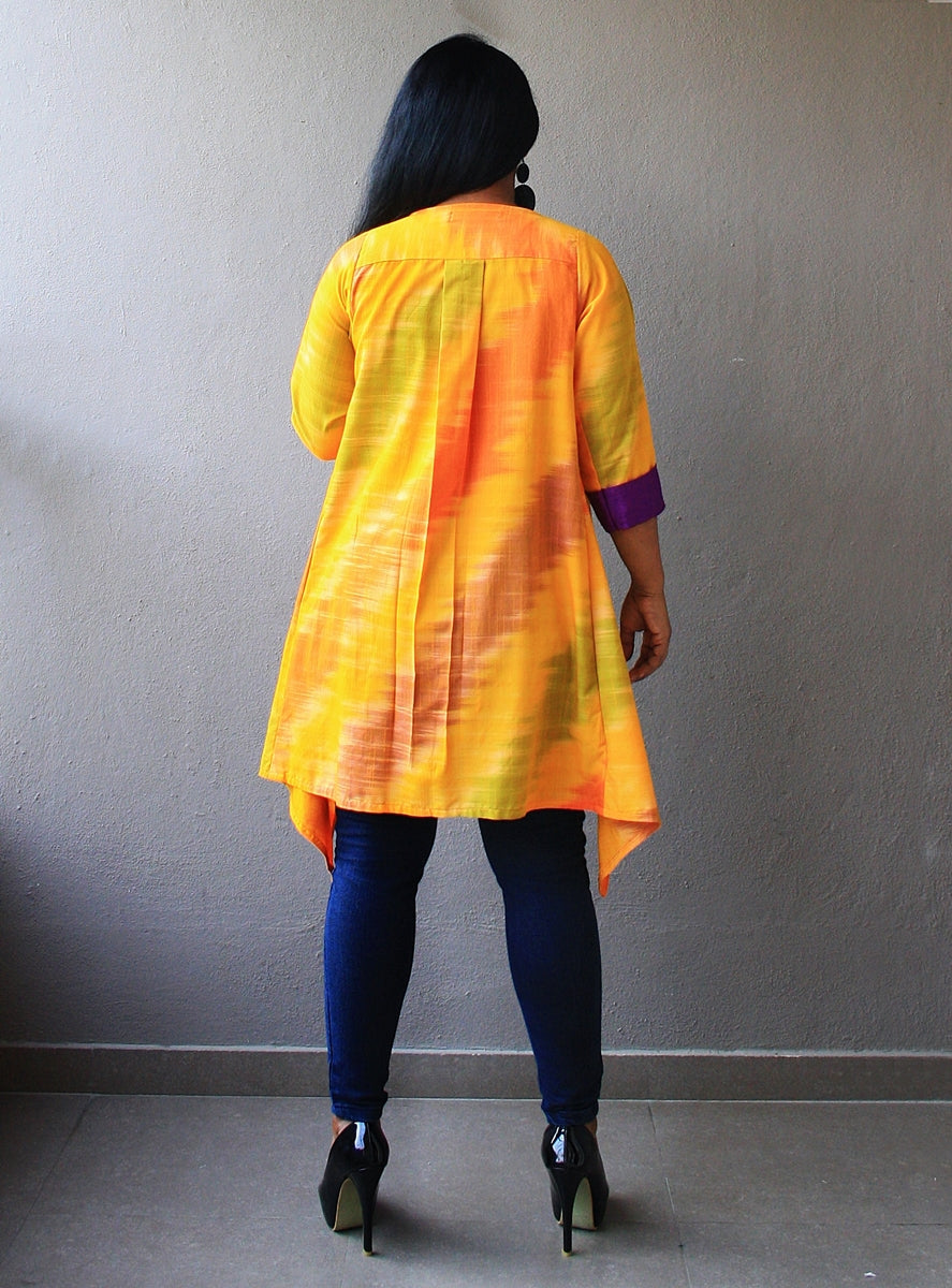 Yellow Ikat Cotton Silk Waterfall Shrug