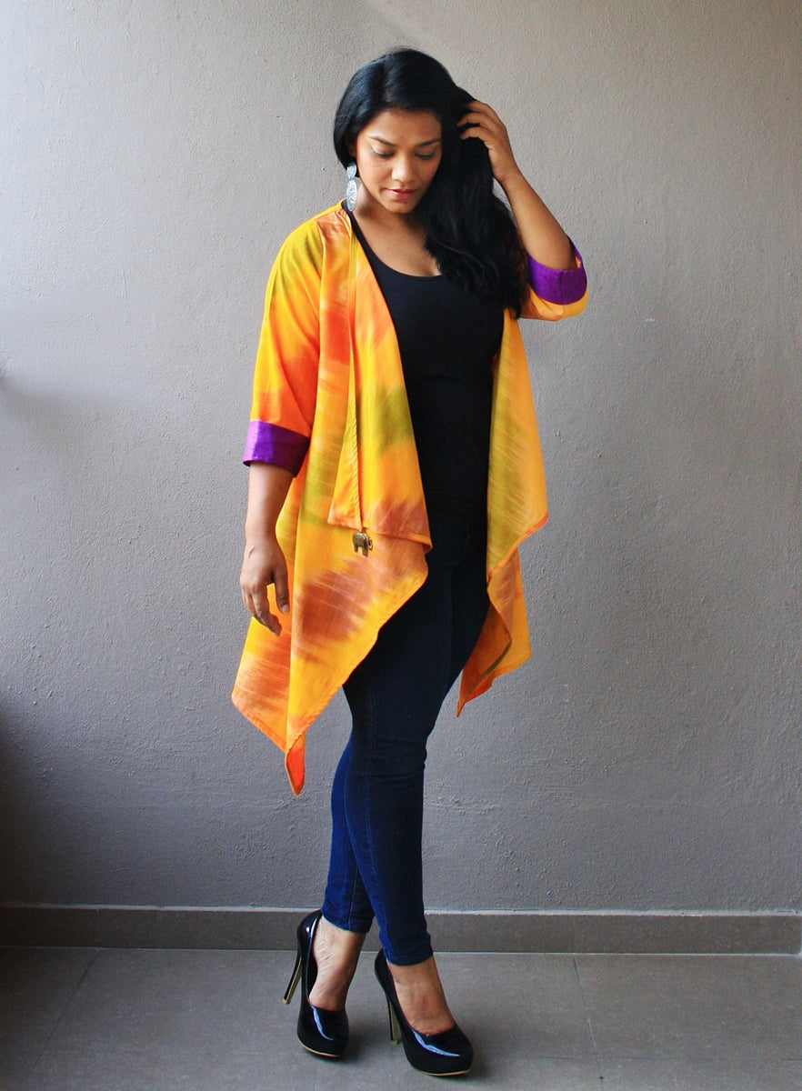 Yellow Ikat Cotton Silk Waterfall Shrug