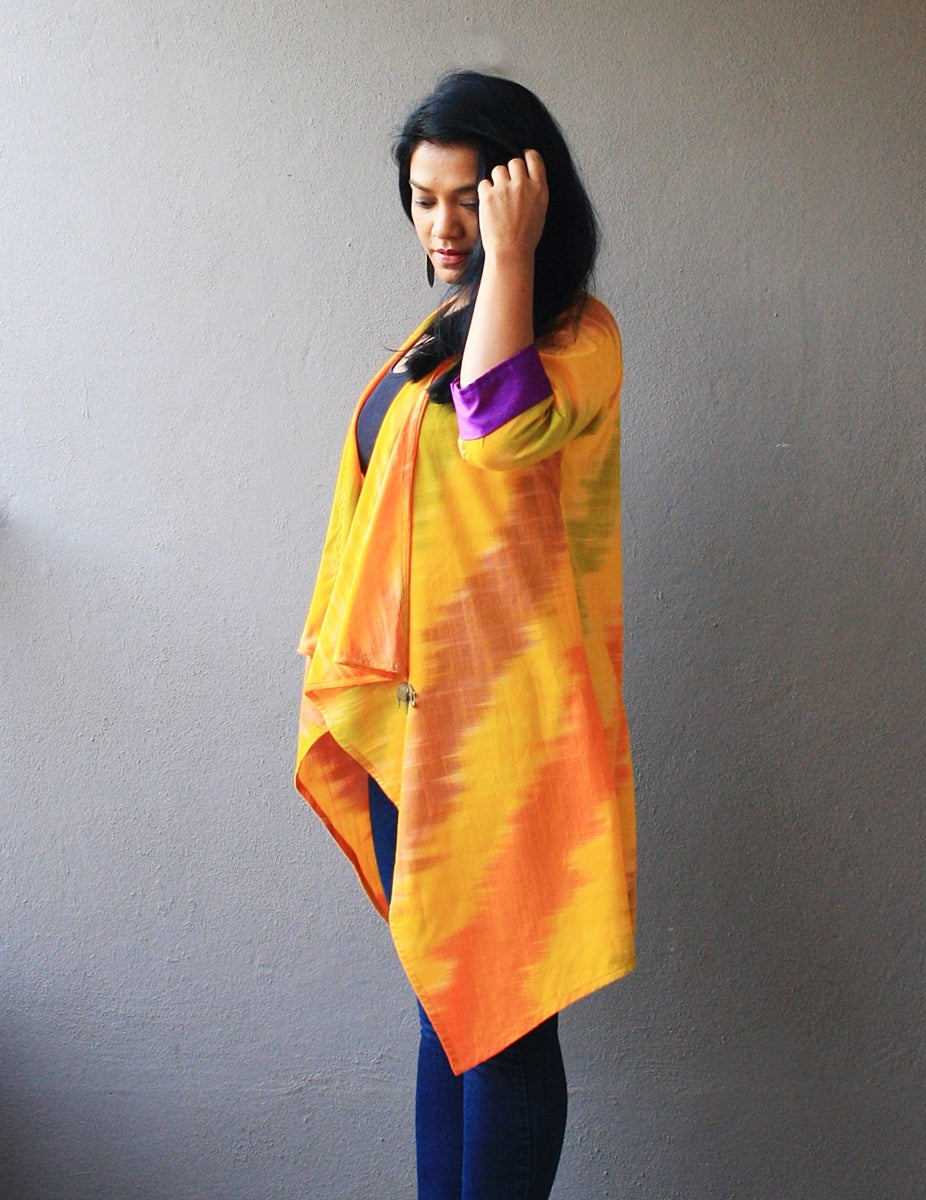 Yellow Ikat Cotton Silk Waterfall Shrug