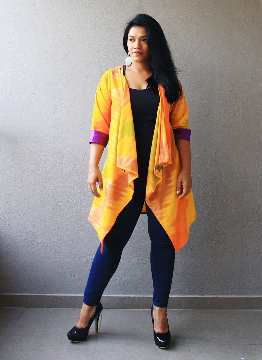 Yellow Ikat Cotton Silk Waterfall Shrug