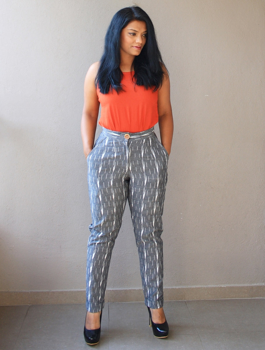 Grey Ikat Cotton High-Waist Slim Fit Pants