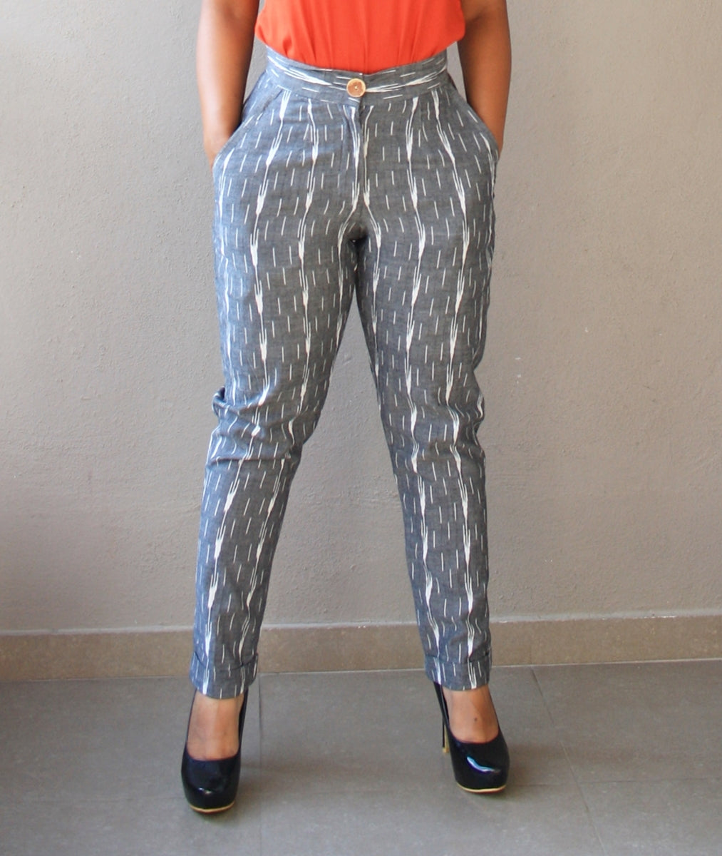 Grey Ikat Cotton High-Waist Slim Fit Pants