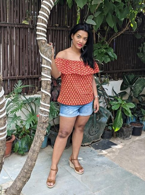 Red Hand Block Printed Cotton Off Shoulder Top