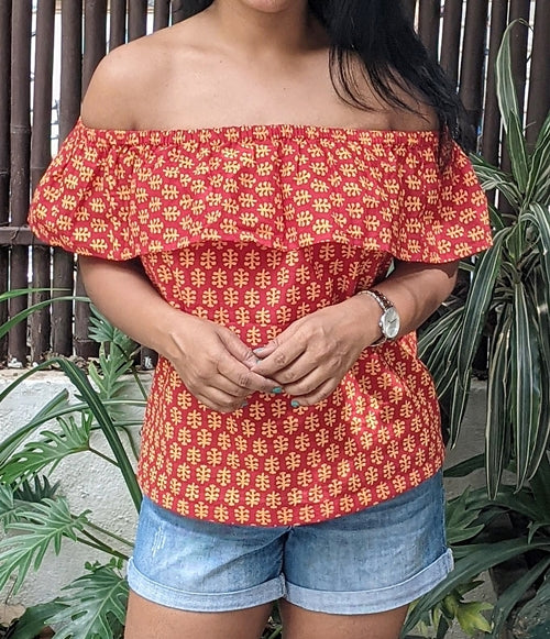 Red Hand Block Printed Cotton Off Shoulder Top