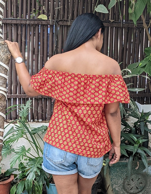 Red Hand Block Printed Cotton Off Shoulder Top
